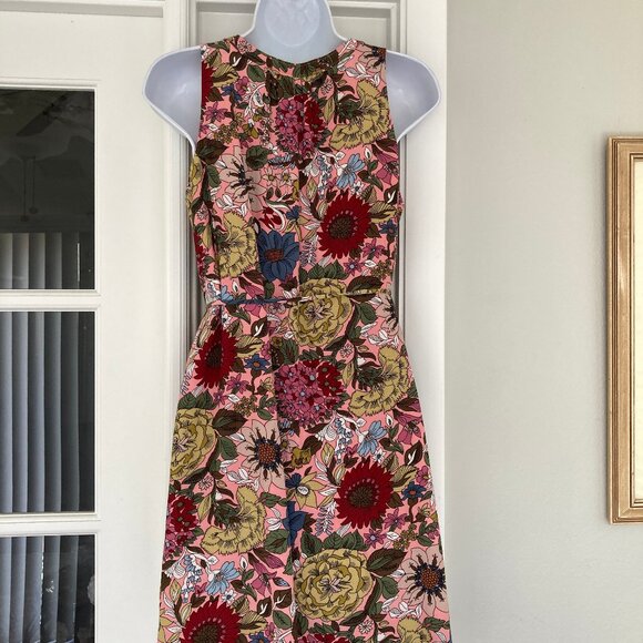 LOFT  Burgundy Coral Olive Green Floral Sleeveless V Neck Dress Small Petite - Picture 8 of 9